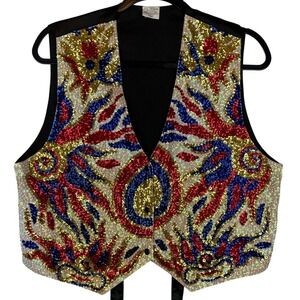 Vintage All Sequin Multicolored Sequin Vest Abstract Pattern Size S Waistcoat